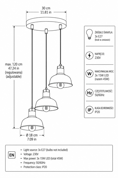 Lampa wisząca 3xE27 HEBE BLACK