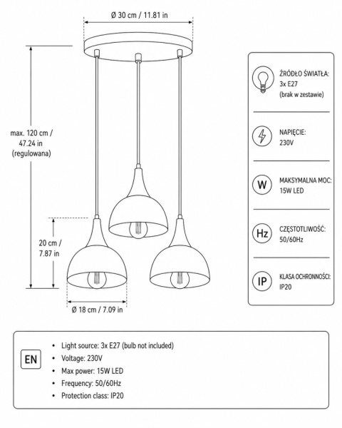 Lampa wisząca 3xE27 Rea Gold