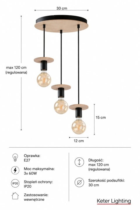 Lampa wisząca 3xE27 SATURN NATURAL/BLACK