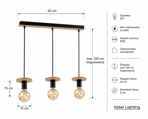 Lampa wisząca 3xE27 SATURN NATURAL/BLACK