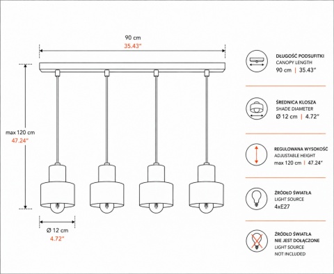 Lampa wisząca 4xE27 LUCE BLACK GOLD