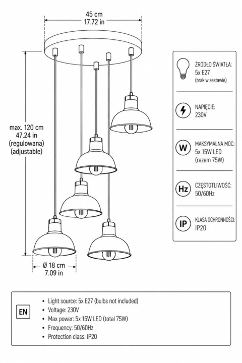 Lampa wisząca 5xE27 HEBE BLACK