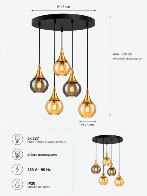 Lampa wisząca 5xE27 Lacrima Mix Black