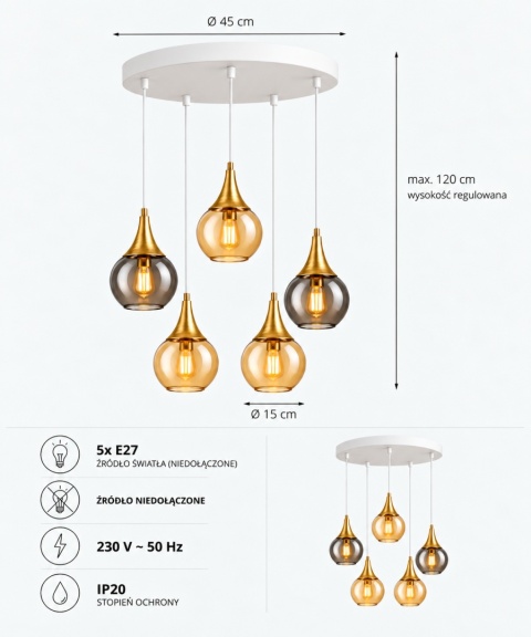 Lampa wisząca 5xE27 Lacrima Mix White