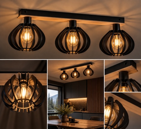 Lampa sufitowa 3xE27 NICOLETA BLACK AND NATURAL 813