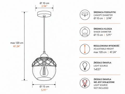 Lampa wisząca 1xE27 MERA BLACK