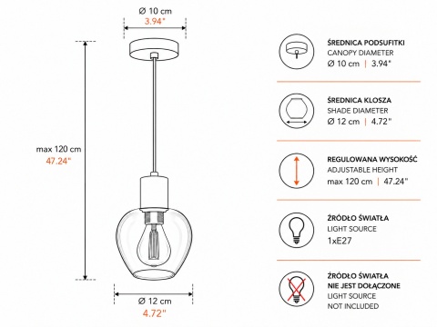Lampa wisząca 1xE27 VERRE SILVER