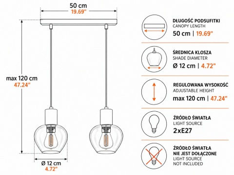Lampa wisząca 2xE27 VERRE SILVER