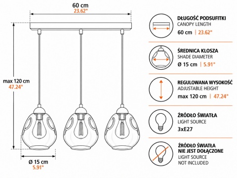 Lampa wisząca 3xE27 LOKI BLACK