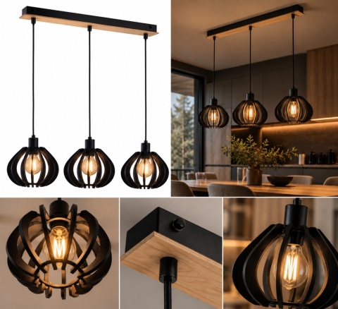 Lampa wisząca 3xE27 NICOLETA BLACK AND NATURAL 815