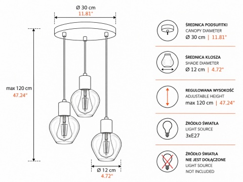 Lampa wisząca 3xE27 VERRE SILVER