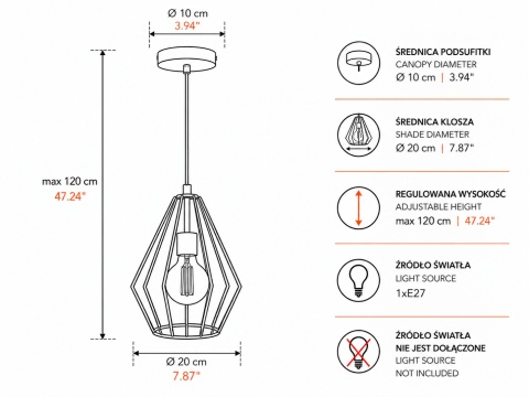 Lampa wisząca 1xE27 LEX BLACK
