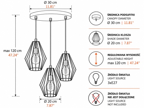 Lampa wisząca 3xE27 LEX BLACK