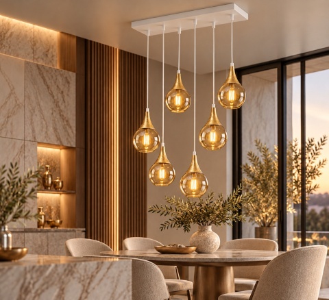 Lampa wisząca 6xE27 LACRIMA HONEY WHITE/GOLD