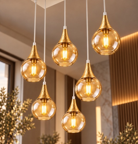 Lampa wisząca 6xE27 LACRIMA HONEY WHITE/GOLD